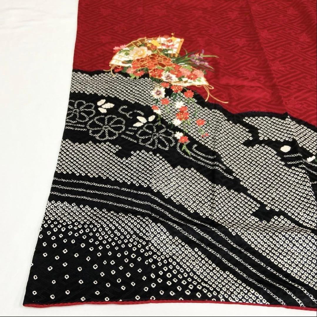 振袖フルセット6点サイズS絞り　正絹　赤色 花柄刺繍 売り切り終了