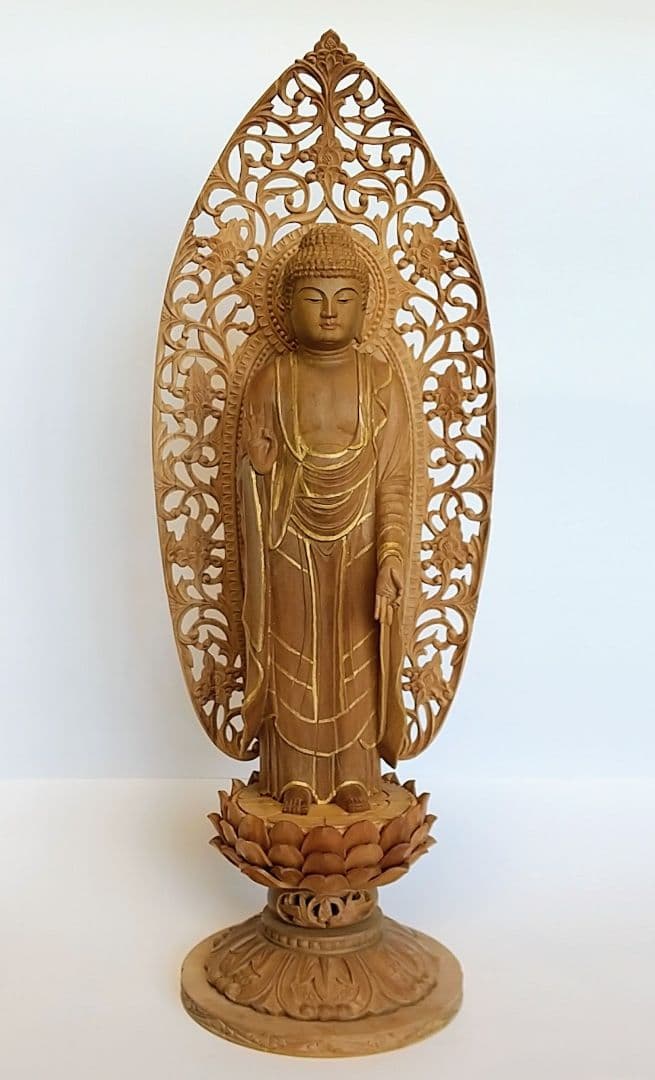 阿弥陀如来立像 5寸 #661 円台座 宝相華唐草 透彫り◆白檀 木彫 仏像