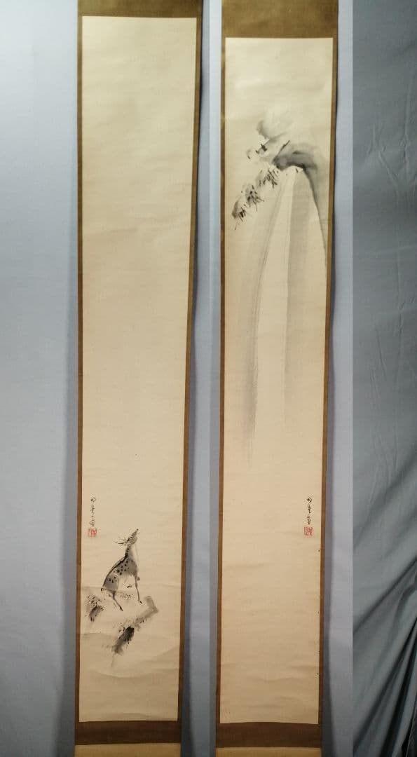 【茶道具】前大徳寺　明堂宗宣和尚筆　「瀧」「鹿」画一双　掛軸　C10