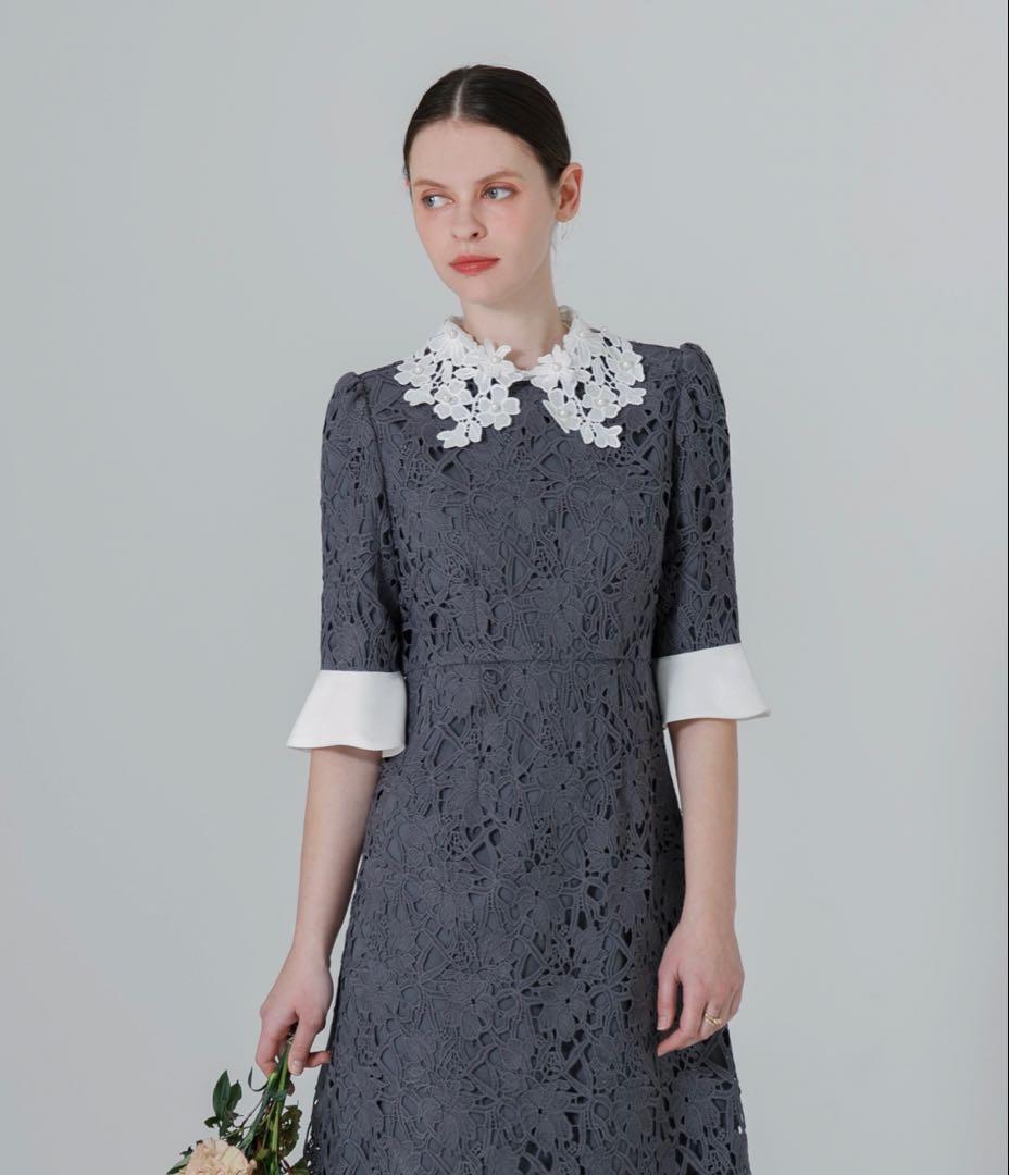 最終値下 LEJA花柄レースカラースパンコール刺繍Aラインフレアドレスワンピース