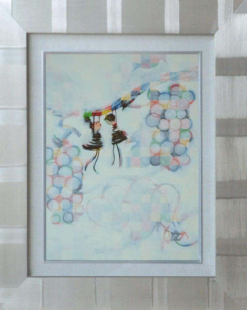 油絵 菅家令子 絵 絵画インテリア額付(青緑＋金色の枠) F4-081114子供