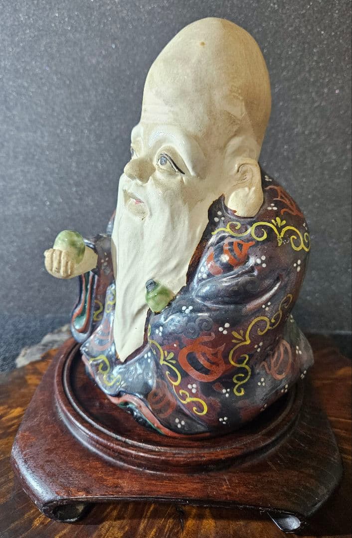 【時代古作品❗】京焼　褐色釉鉄釉色絵付 宝珠紋図柄　纏い　寿老人　唐木製台座付き