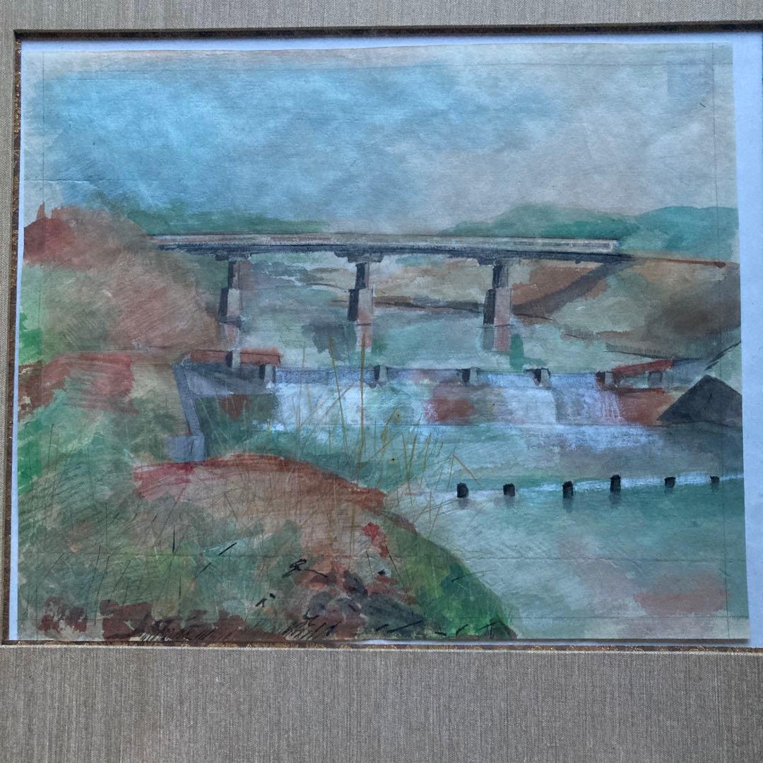 水彩画　作者不詳　橋のある風景(仮題) 額48×55絵29×35cm ￼