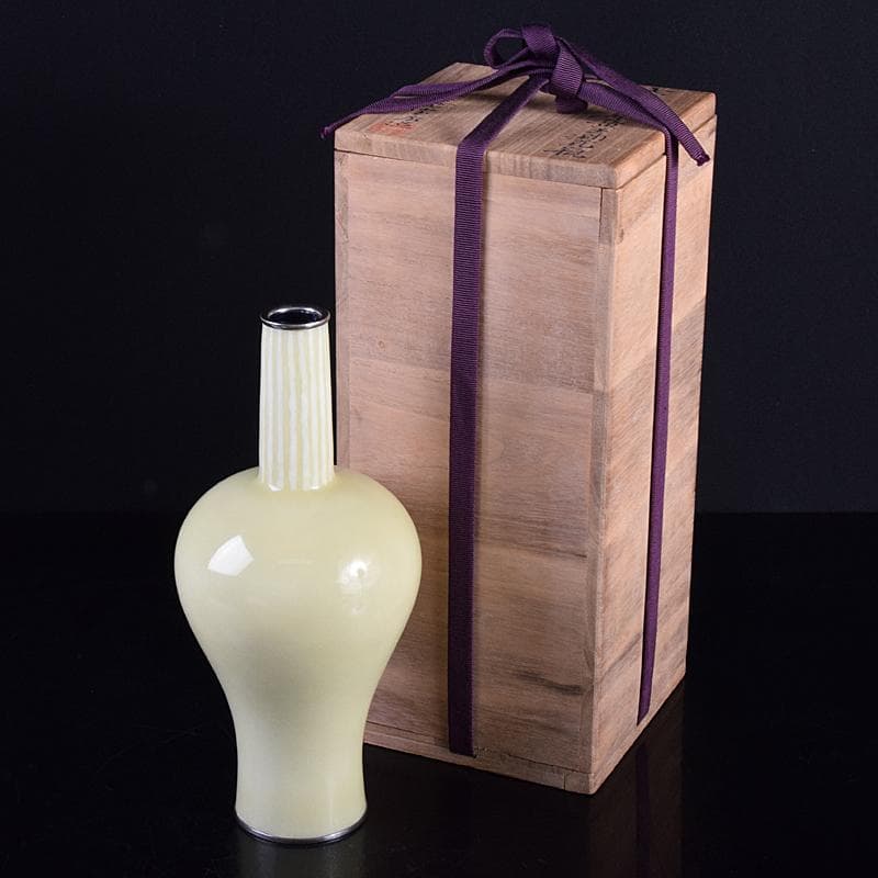 七宝焼　安藤七宝店　純銀刻印　瓶子型　黄玉釉　花瓶　共箱　M　R8511