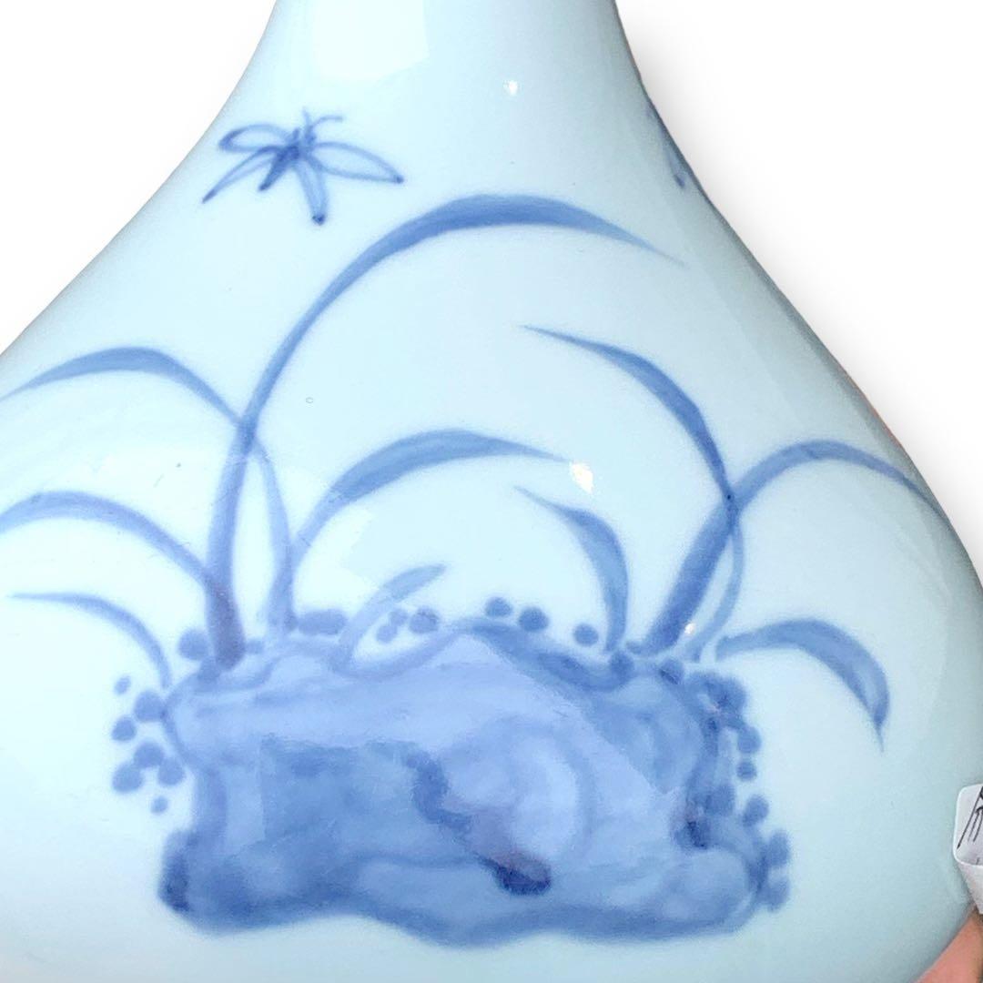 李朝 染付 染め付け 花瓶 一輪挿し トンボ 蜻蛉 朝鮮 骨董 美術 岩 草