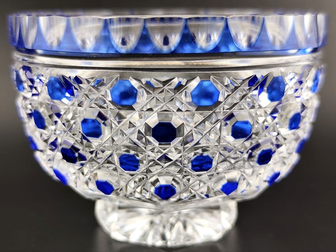 超希少品☆江戸切子 須田秀石 小鉢 瑠璃被 籠目紋（切子、江戸切子、薩摩切子）