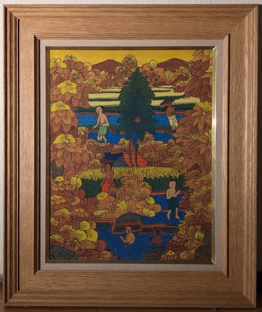 【真作】絵画　技法不明　楽園の情景　鮮やかな色彩で描かれた自然と人々　V121