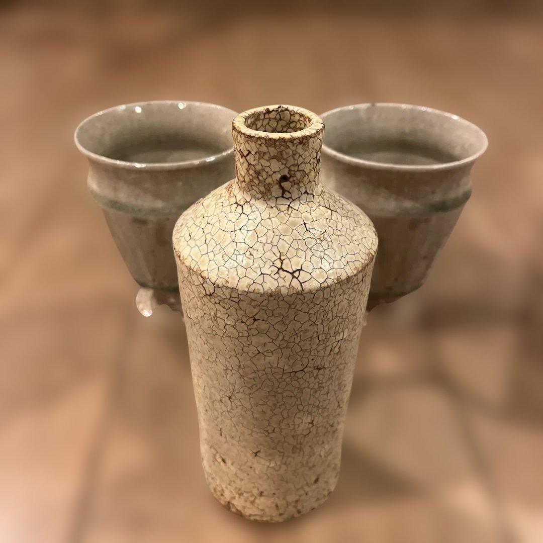 【宮城陶器】希少　宮城正幸　陶器セット 酒器（花瓶）とゴブレット　ひび割れ釉薬