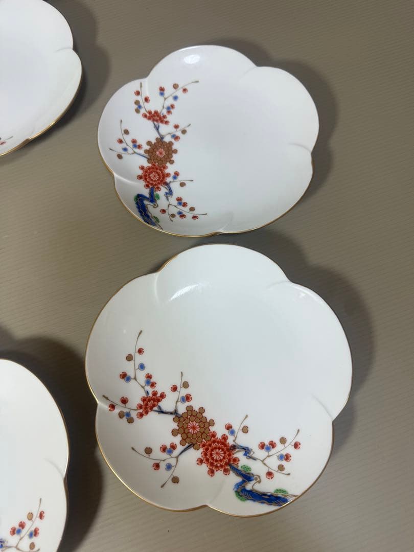 2186 深川製磁　梅文　花型皿　5客　金彩　未使用