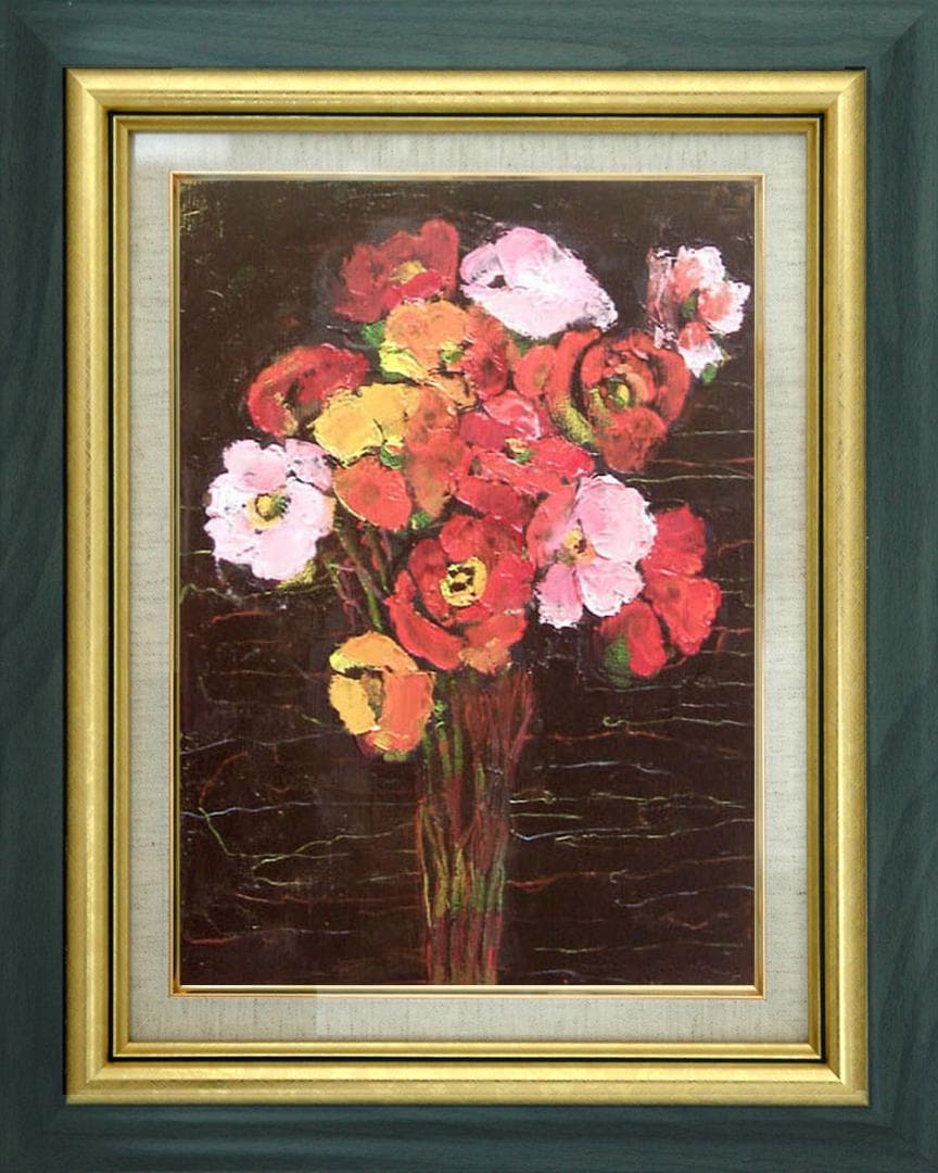 油絵 菅家令子 絵画インテリア 額付(青緑＋金色の枠) uF6-112002 花