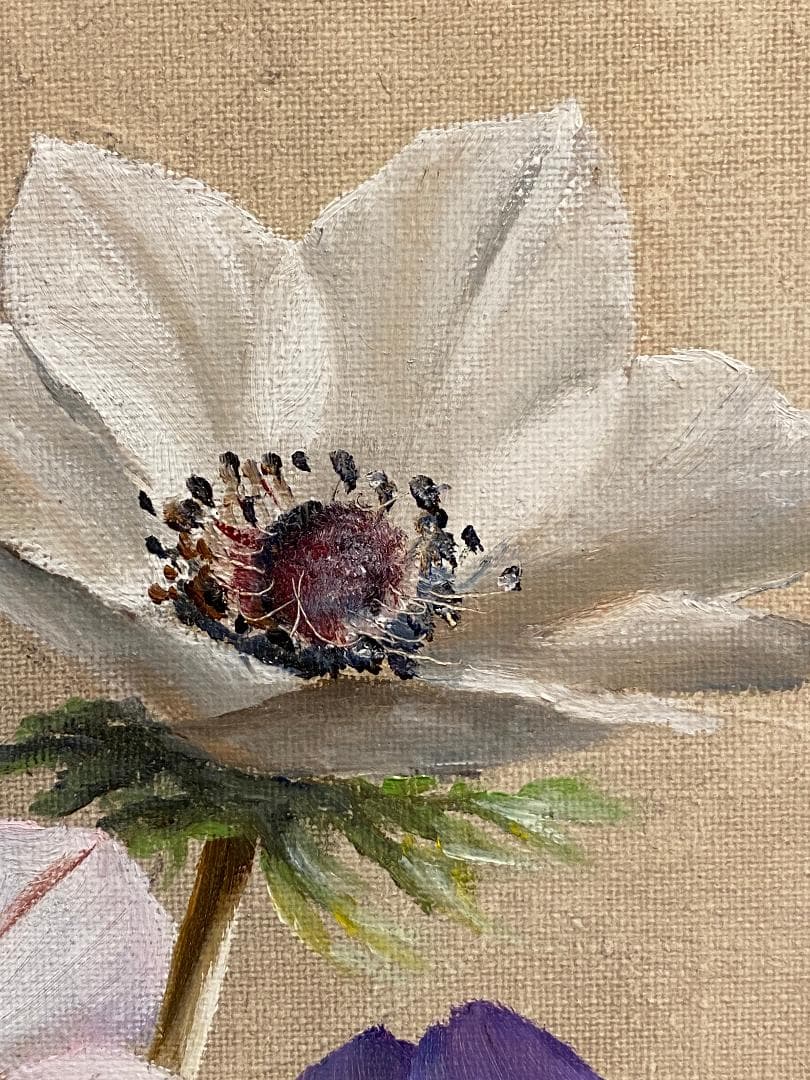 ★「真作」安田英明「アネモネ」静物画　油彩画　額装　サイン有り　F6号