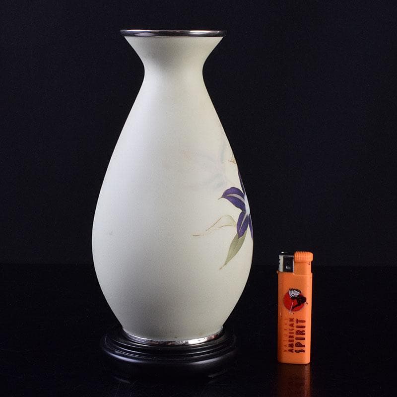 七宝焼　服部喜久作　花文　花瓶　唐木台付　共箱　V　R9527