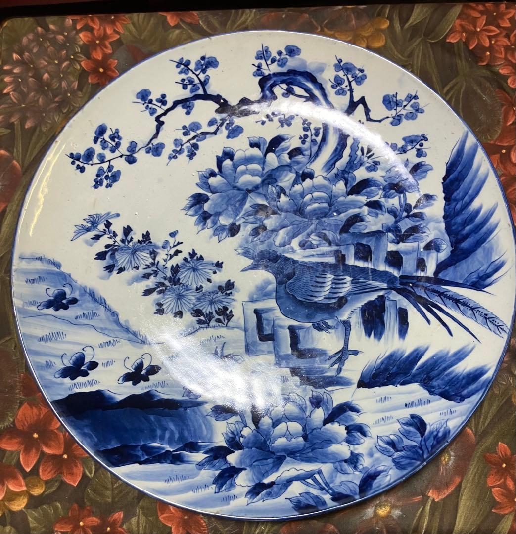 旧家蔵出し品　古伊万里　古い大皿　梅に牡丹花　雉　梶忠製　縁起物　飾り皿