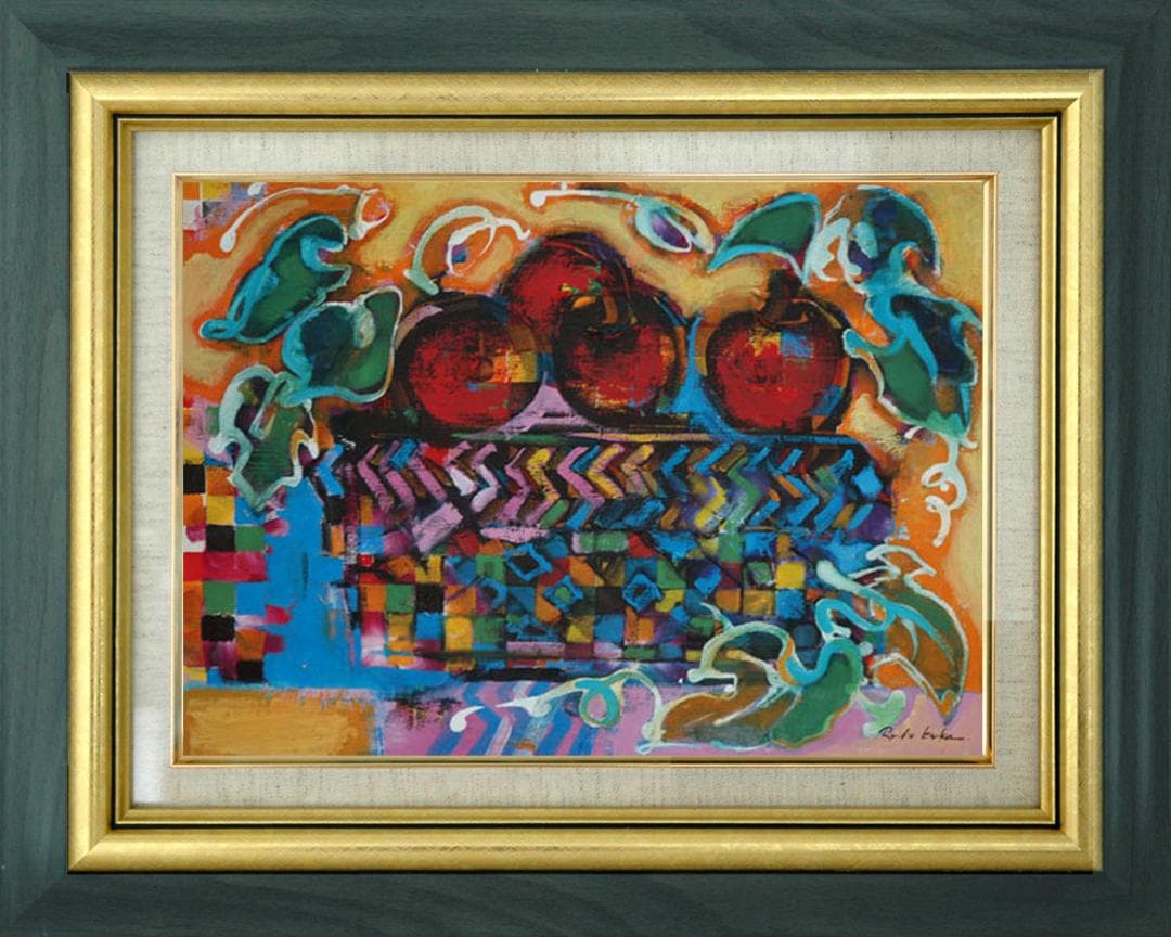 油絵 菅家令子 絵 絵画インテリア 額付( 青緑＋金色の枠)uF6-051110