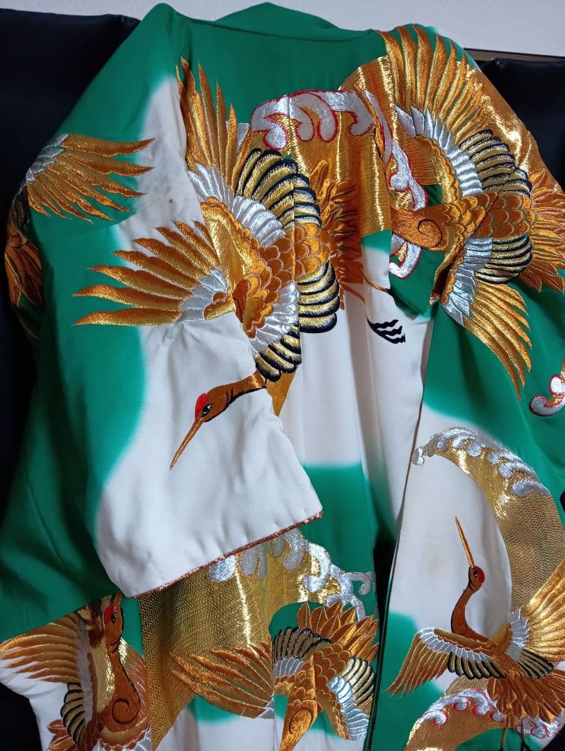 海外コレクター向きＪAＰAＮジャパン日本女性用特大雅金襴豪華刺繍鶴絵図柄和装着物