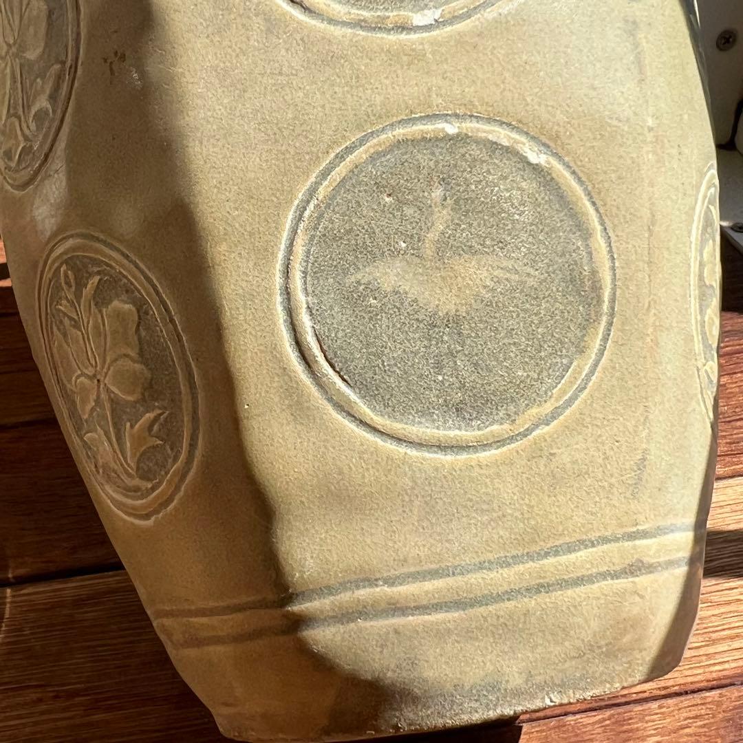 梅瓶 李朝時代 高麗 青磁 カケあり 貫入 朝鮮古美術 草花紋様 骨董 鶴 壺