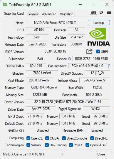 グラフィックボード・グラボ・ビデオカード Palit GeForce RTX4070Ti 12GB