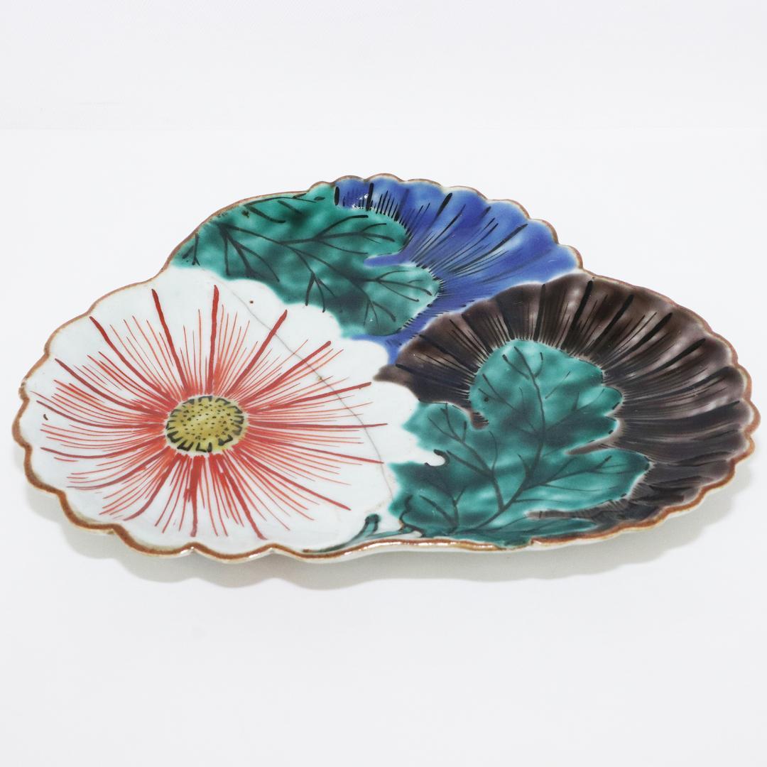 古九谷 変形皿 花 直し有り　箱付き