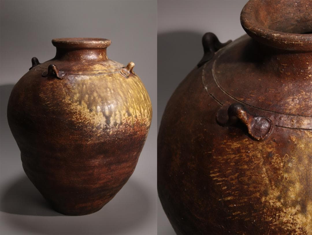 江戸初期　古越前　四耳壷　四耳子　壺　高さ38.5㎝　花器 花瓶　BE793