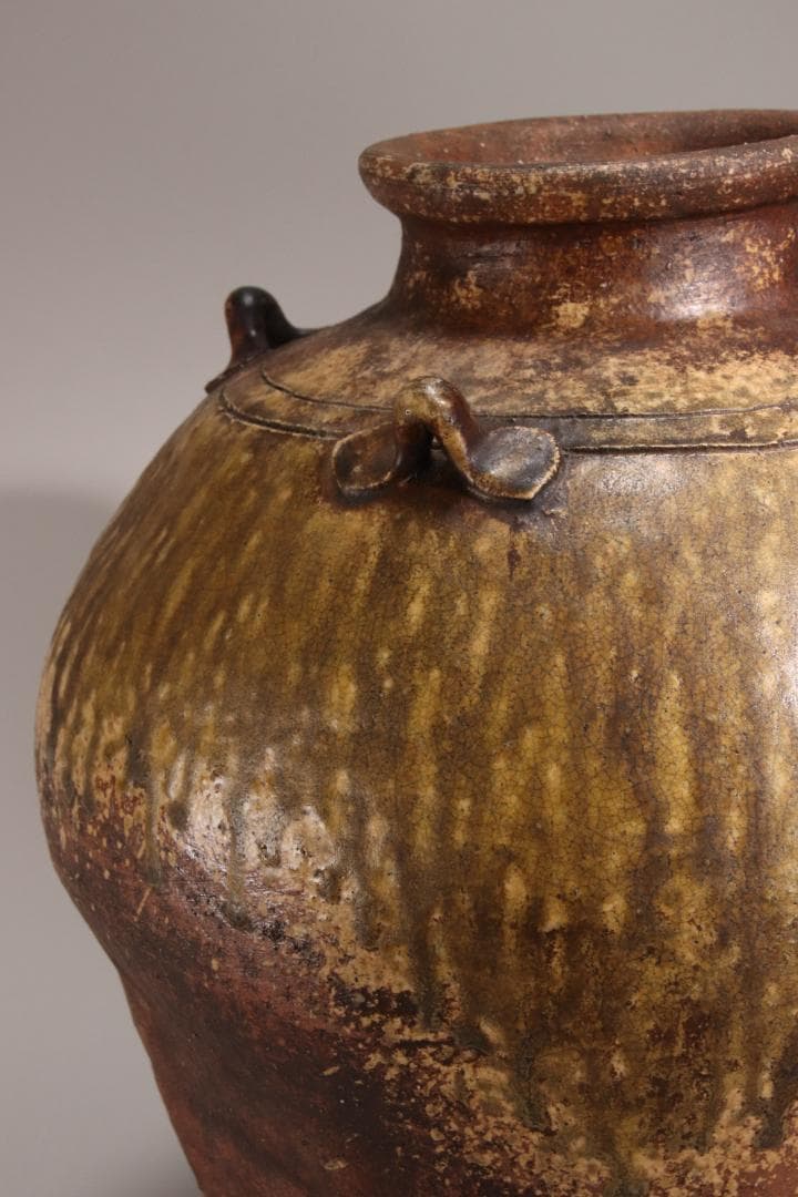 江戸初期　古越前　四耳壷　四耳子　壺　高さ38.5㎝　花器 花瓶　BE793