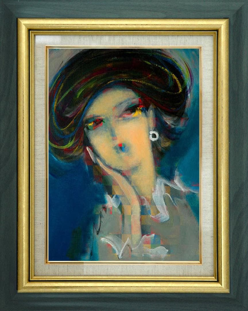 油絵 絵 絵画インテリア 額付(青緑＋金色の枠)油絵 F4-051713 女性
