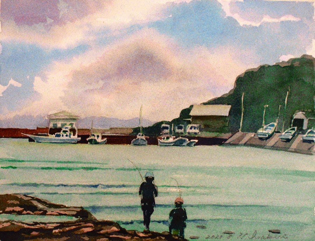 水彩画 釣り人と港の風景 額装済み f6サイズ 原画