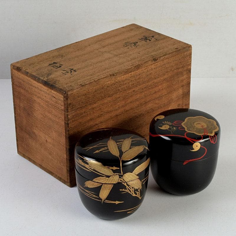 茶道具　黒漆　金蒔絵　棗　一双　書付共箱　V　9432