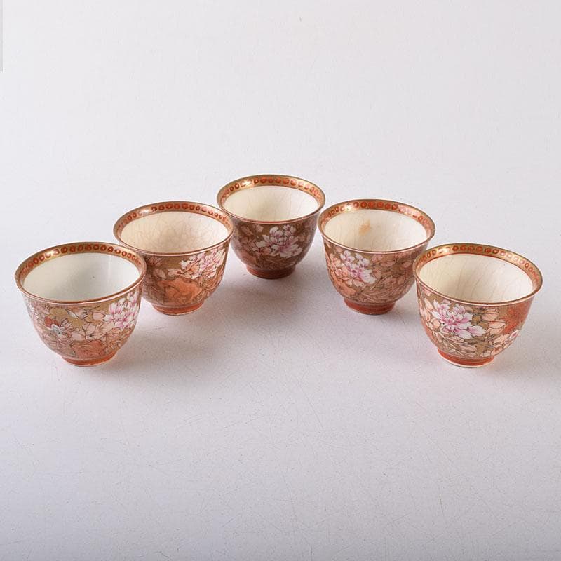 九谷焼　古九谷　赤絵金彩　花鳥文　煎茶碗　五客　D　R8651