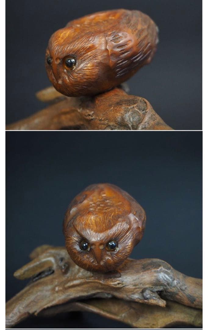 送料無料コレクター放出品天然素材フクロウ置物　神代木にフクロウ箱付骨董古玩古美術