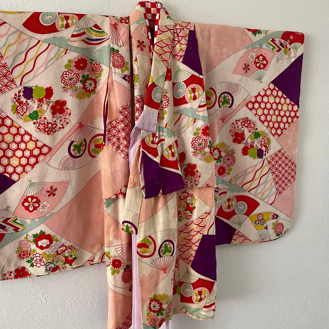 七五三　３歳　女の子　正絹　アンティークお着物　セット　正絹白地の被布コーデ