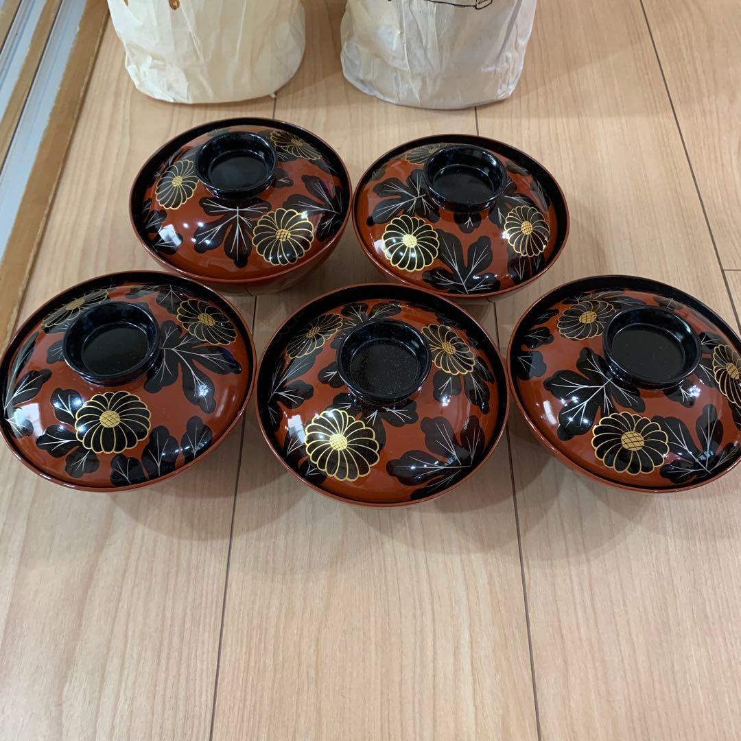 漆器 椀 １０個セット 黒と金の輪島花模様