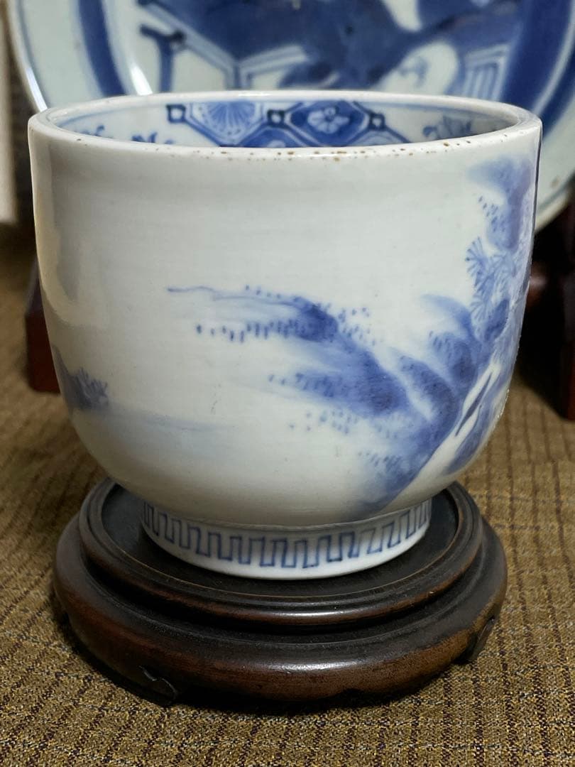 古平戸焼 染付 松竹に龍虎の図 蓋付湯呑 み茶碗 茶道具 江戸時代