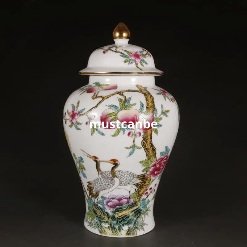 乾隆粉彩蒔金仙鶴寿桃将軍缶 景徳鎮 陶磁器 装飾品 現代工芸品 美術品 置物