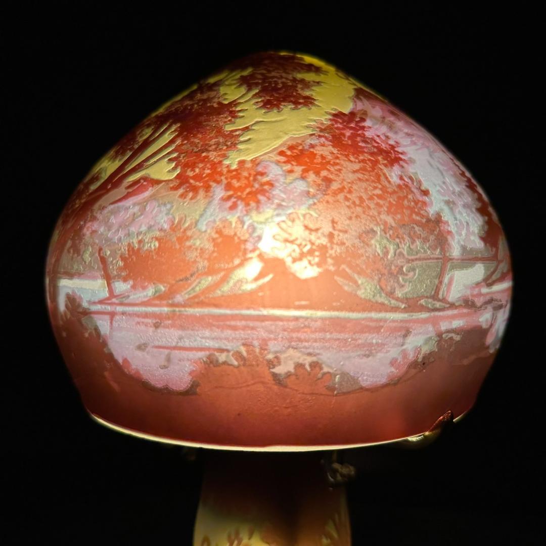 エミールガレ 2灯　山景文　台座真鍮　カメオ彫り　被せガラス　高さ32cm