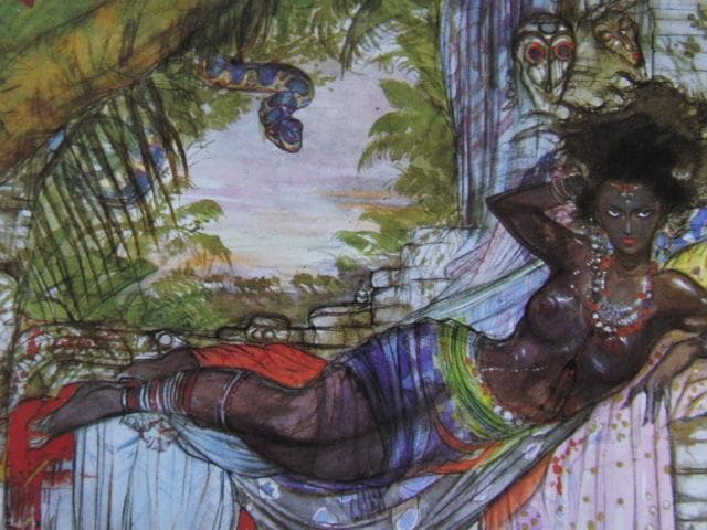 天野喜孝、【秘境のアフリカの女王】希少な大判額装用画集より、新品額装付、状態良好