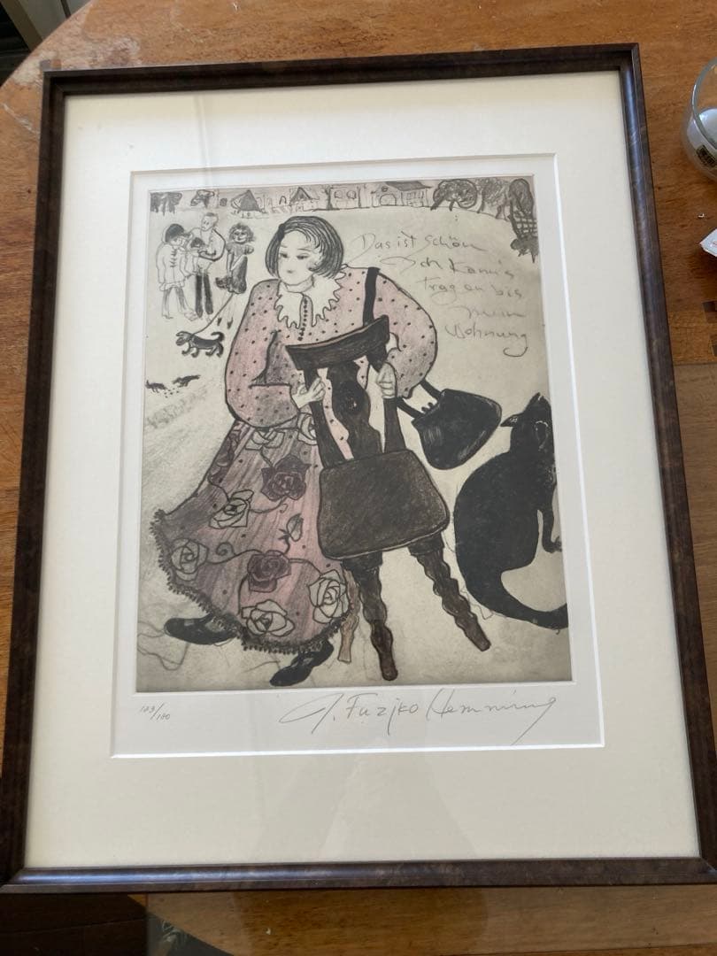 絵画　フジ子ヘミングの銅版画　道ばたの椅子　額縁入り　美品　本物保証