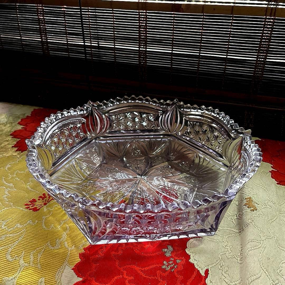 骨董　時代ガラス　プレスガラス　希少　淡紫色　クリスタルカット　菓子鉢　大鉢