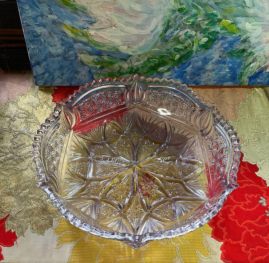 骨董　時代ガラス　プレスガラス　希少　淡紫色　クリスタルカット　菓子鉢　大鉢