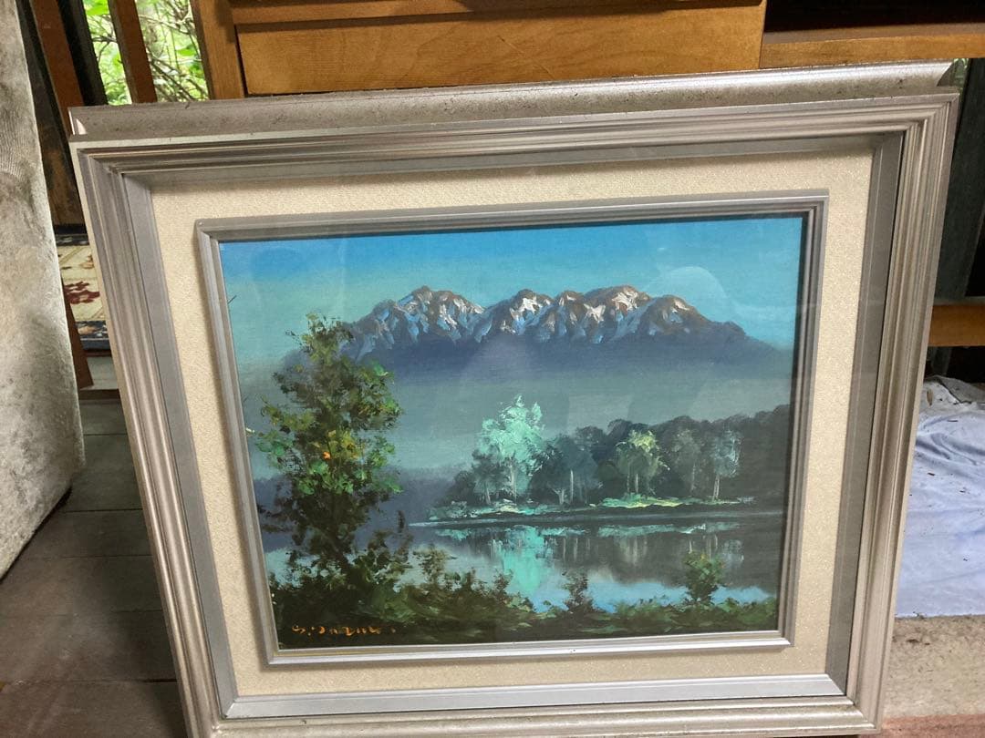 油彩画 山と湖の風景