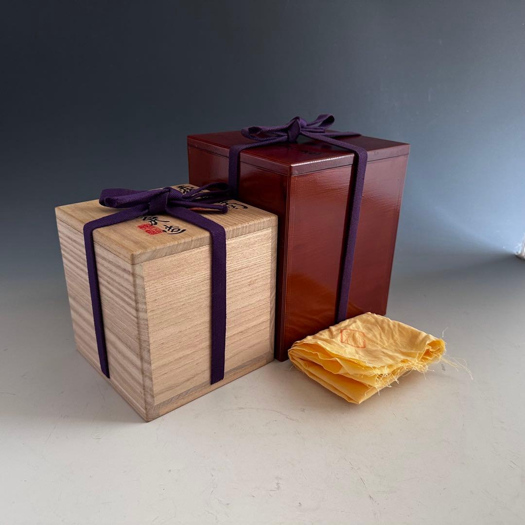 工芸品　赤絵　四君子図　香炉　五代　三浦竹泉　二重箱　信幸造純銀火舎　付　京焼