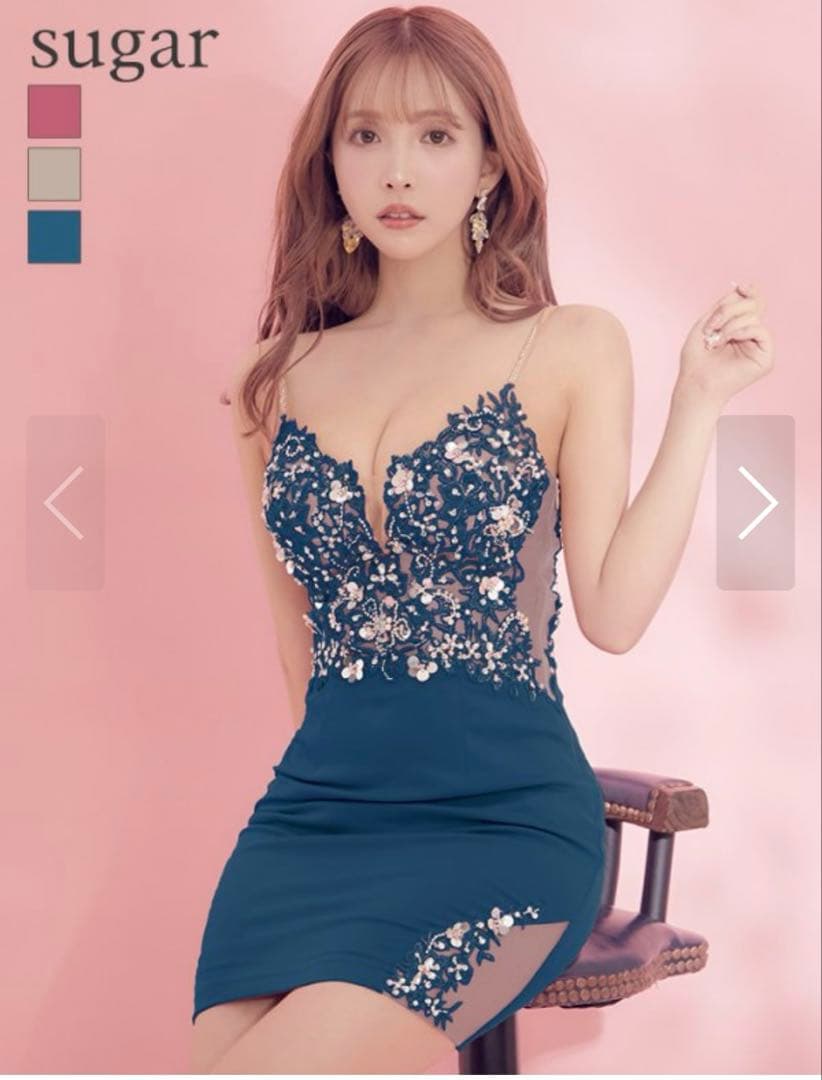 エンジェルアール　ブルー　ナイトドレス　キャバドレス　ビジュー　フラワー　ドレス