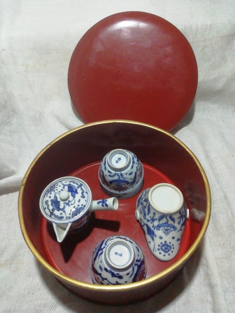 ♪時代九谷染付 煎茶揃い　朱漆茶櫃共