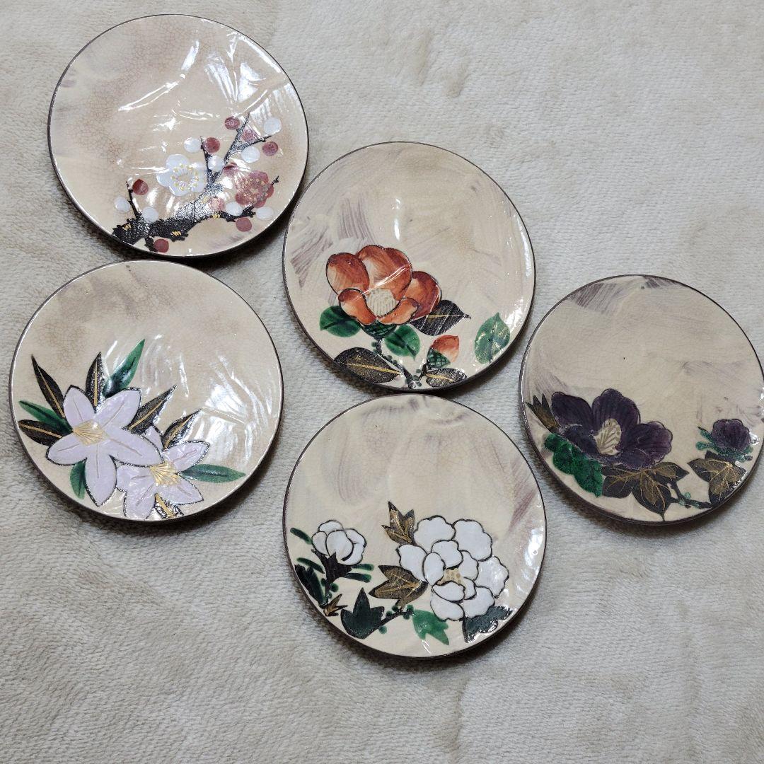 昭和初期 京焼 嘉曹窯 色絵金彩 小皿5枚セット 銘々皿 椿 梅 花文様