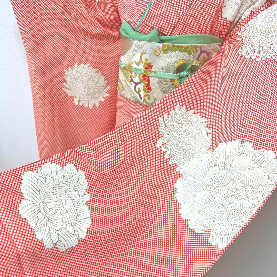 373 振袖フルセット 正絹 朱赤 橙オレンジ 金彩 手描き 小柄さん レトロ