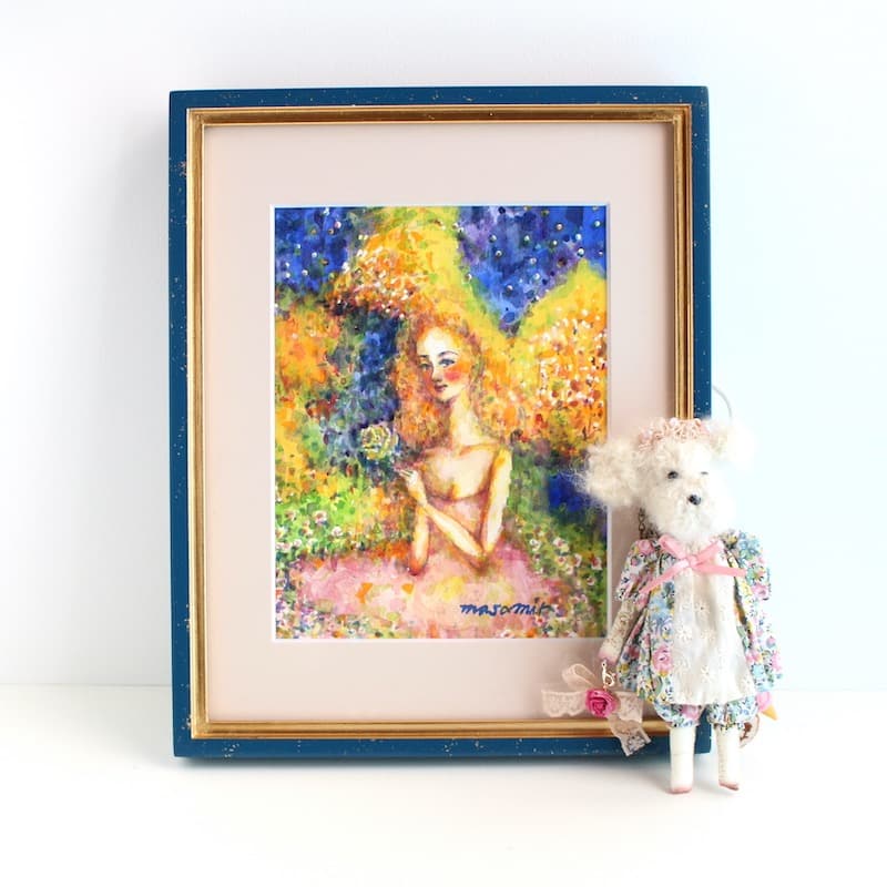 「祈り」水彩画 原画 額付き F0 天使の絵 Angel