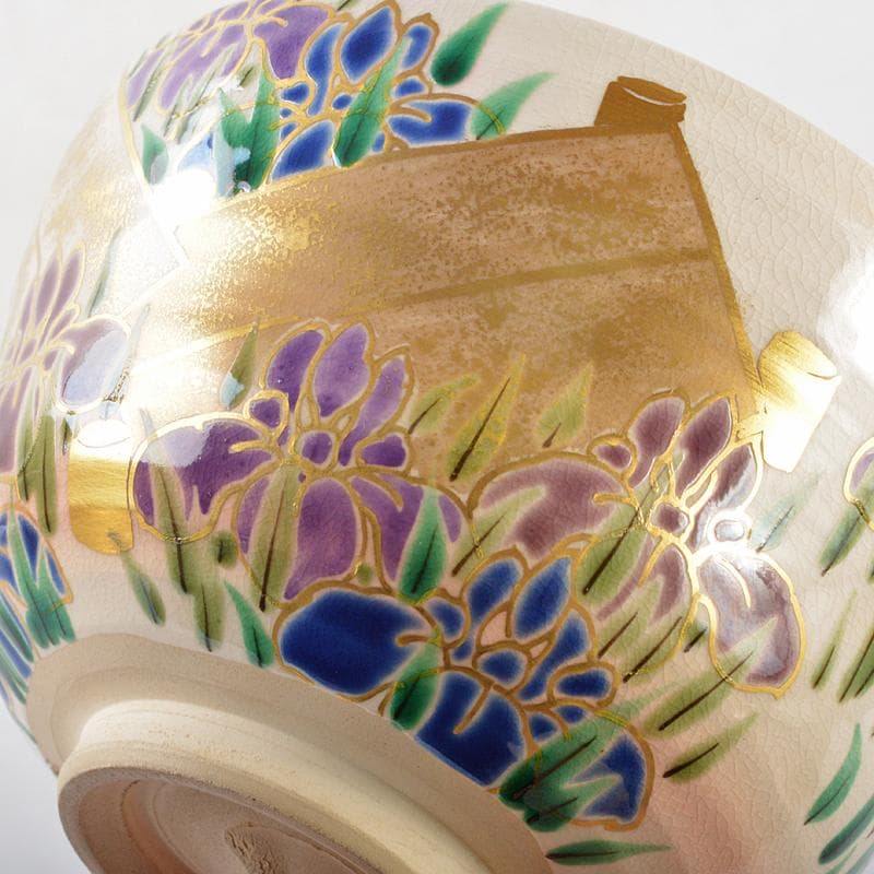 京焼　押小路窯　庄左エ門造　色絵八ツ橋　菖蒲文　茶碗　共布共箱　C　R6547