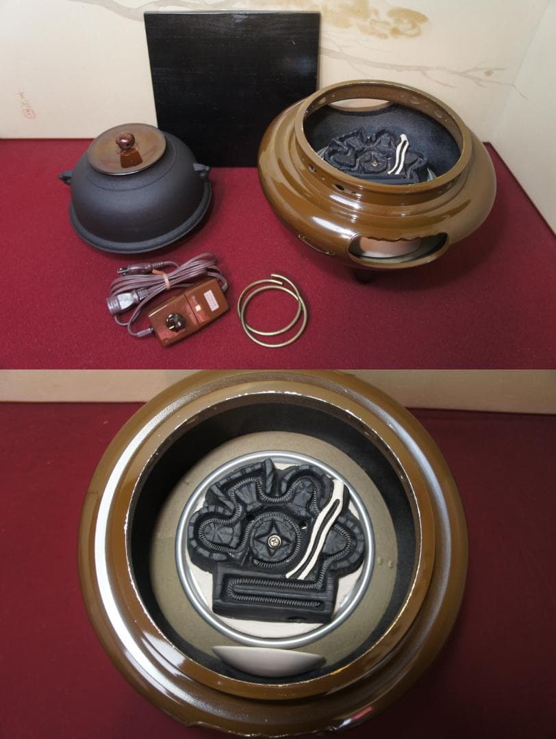 ☆さびない野々田合金製朝鮮風炉釜 唐銅蓋 410W電熱器(可変) 敷板送料込み