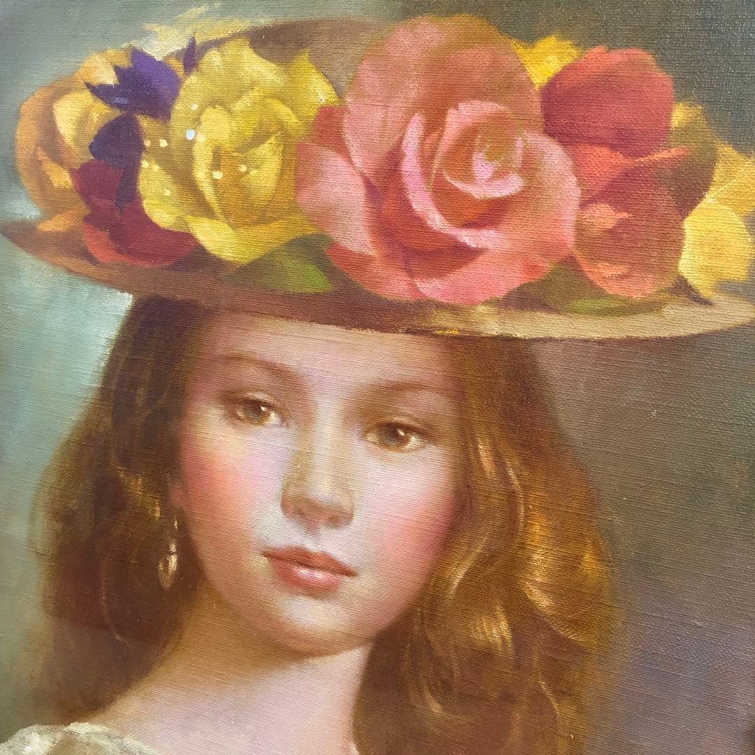 進 徹■花飾りの帽子の女性■油彩■額付絵画