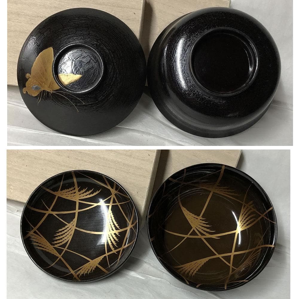 e2697 蝶蒔絵 煮物椀 五客 木箱入り 蒔絵 吸物椀 懐石道具