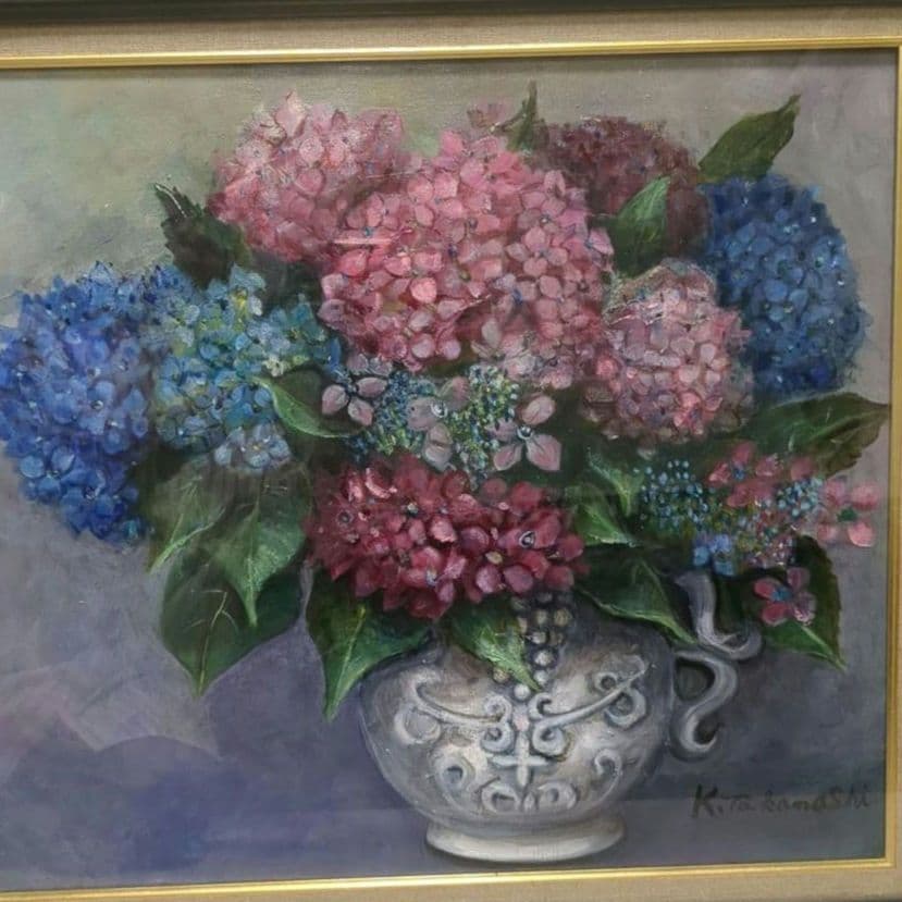 油絵　油彩画　あじさい　アジサイ　紫陽花　額縁入り　肉筆サインあり